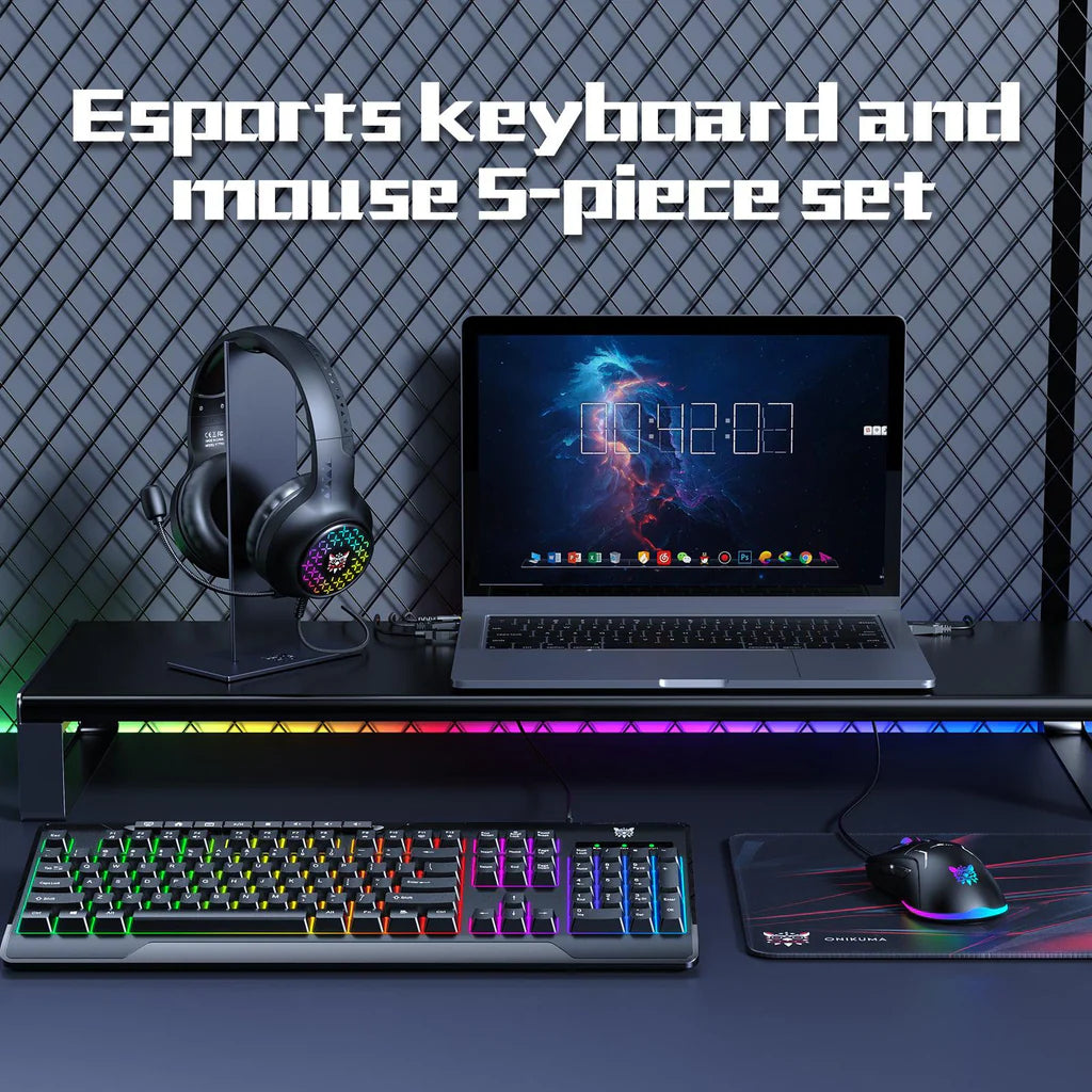 ONIKUMA TZ5006 Professional 5 in 1 Combo Gaming Set - Mouse/Keyboard/Headset/Headset stand/ Mousepad Kit