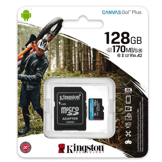 Kingston 128GB microSDXC Canvas Go Plus 170MB/s Read UHS-I, C10, U3, V30, A2/A1 Memory Card + Adapter (SDCG3/128GB)
