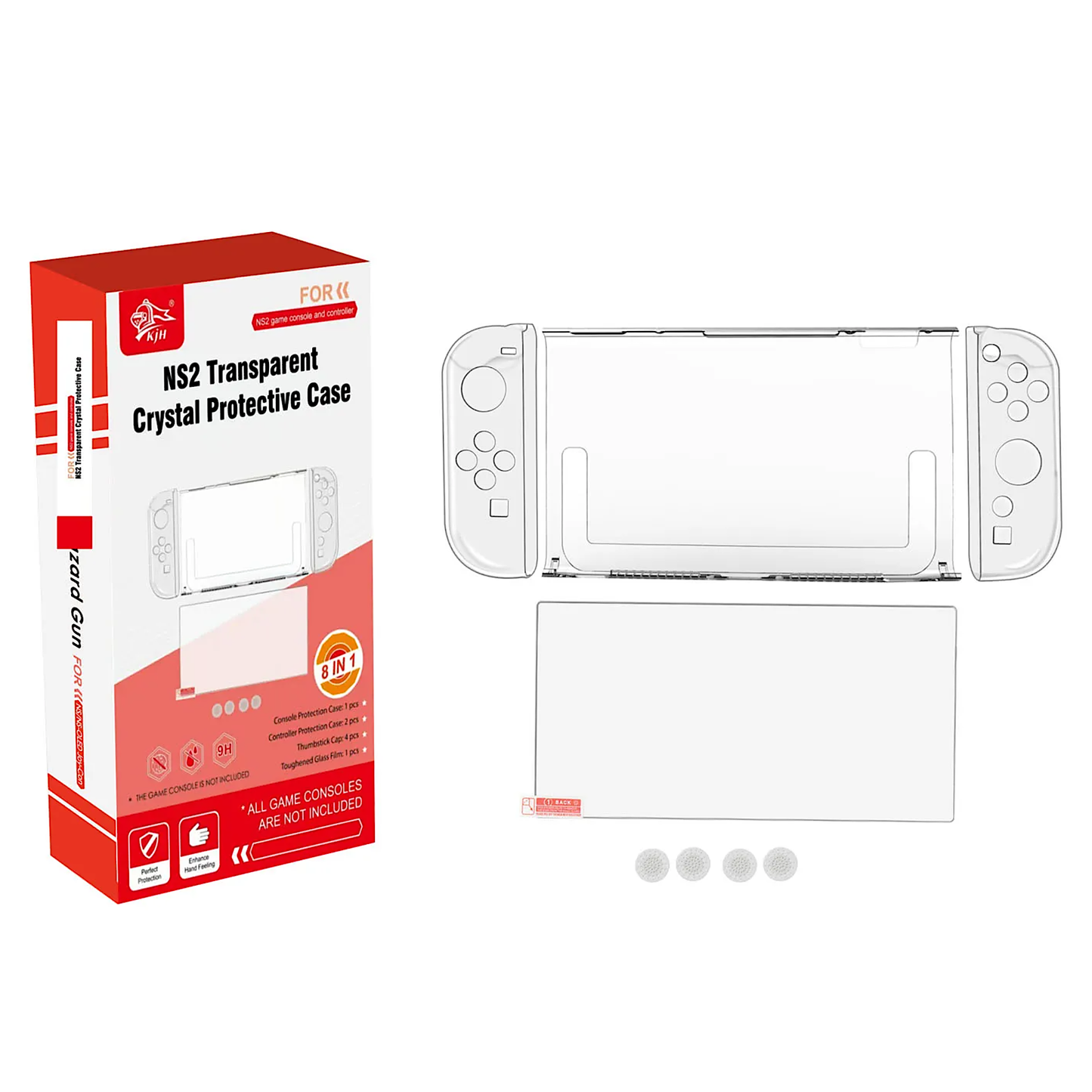 غطاء حماية كريستالي صلب 8 في 1 من KJH، غطاء مقبض إبهام عصا التحكم، واقي شاشة من الزجاج المقوى لجهاز Nintendo Switch