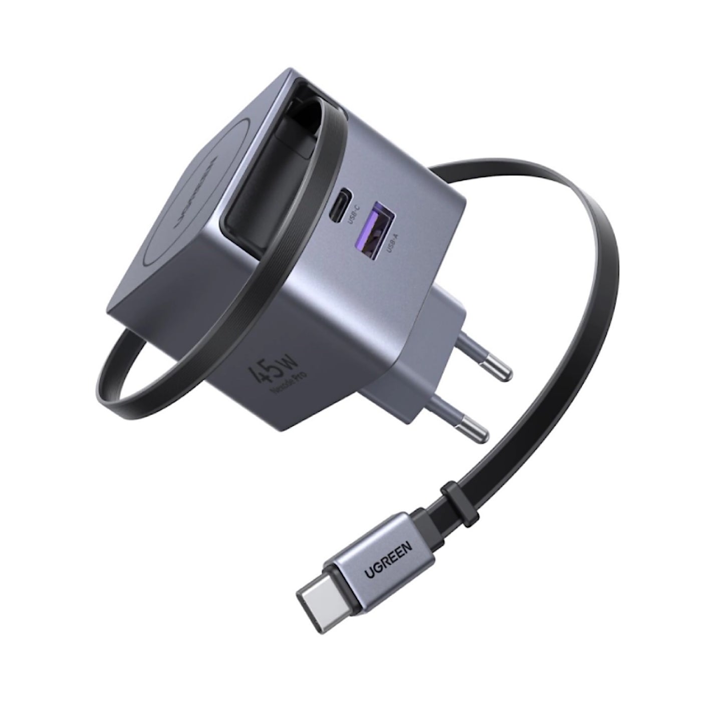 UGREEN 45W GaN USB‑C Charger X614 With Retractable 5A Cable, Dual USB‑C & USB‑A Ports, PD 3.0 QC4+/QC3.0 PPS Support, Compact Travel Design, 8 Safety Protections