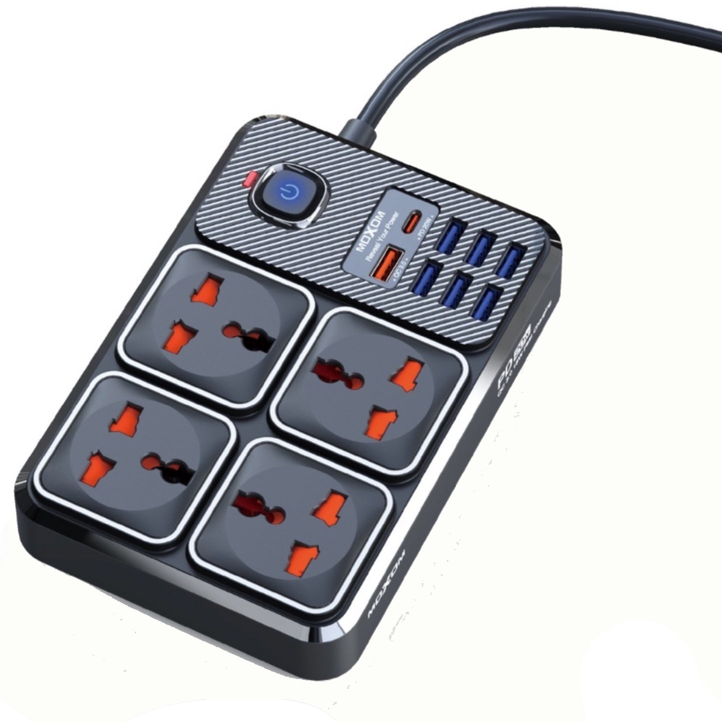 MOXOM MX-ST17 Extension 2500W Max 4 Power Socket 7 USB 1 PD Type C 20W QC 18W UK Plug Safety Fast Charge 2M