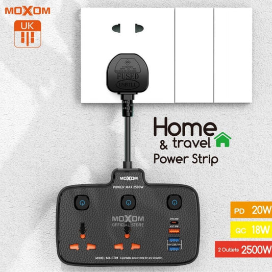شريط طاقة MOXOM عالي التحمل 2500 واط، مقبس تمديد مثبت على الحائط مع كابل تمديد بمنفذ USB من النوع C MX-ST09