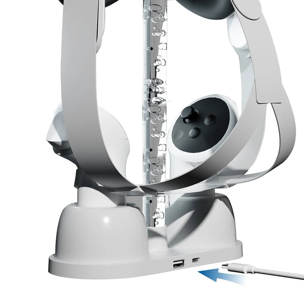 قاعدة عرض حامل شحن بتأثير إضاءة RGB مع بطاريتين قابلتين لإعادة الشحن لجهاز Meta Quest 3