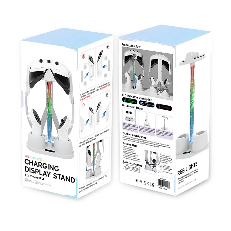 قاعدة عرض حامل شحن بتأثير إضاءة RGB مع بطاريتين قابلتين لإعادة الشحن لجهاز Meta Quest 3