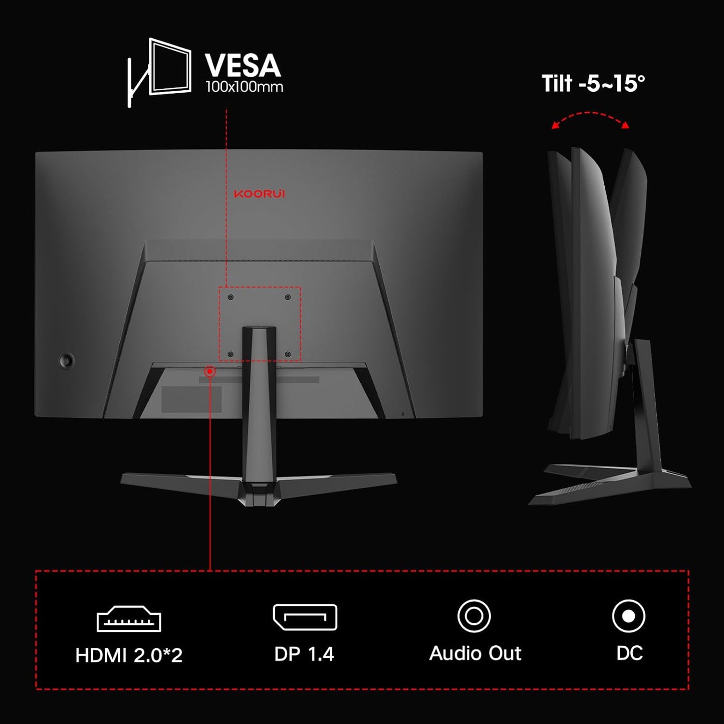 KOORUI 27E6QCA 27 inch Curved Gaming Monitor, QHD (2560 x 1440) R1500 180Hz, AdaptiveSync with 1ms Computer Monitor, VESA Compatible, HDR10