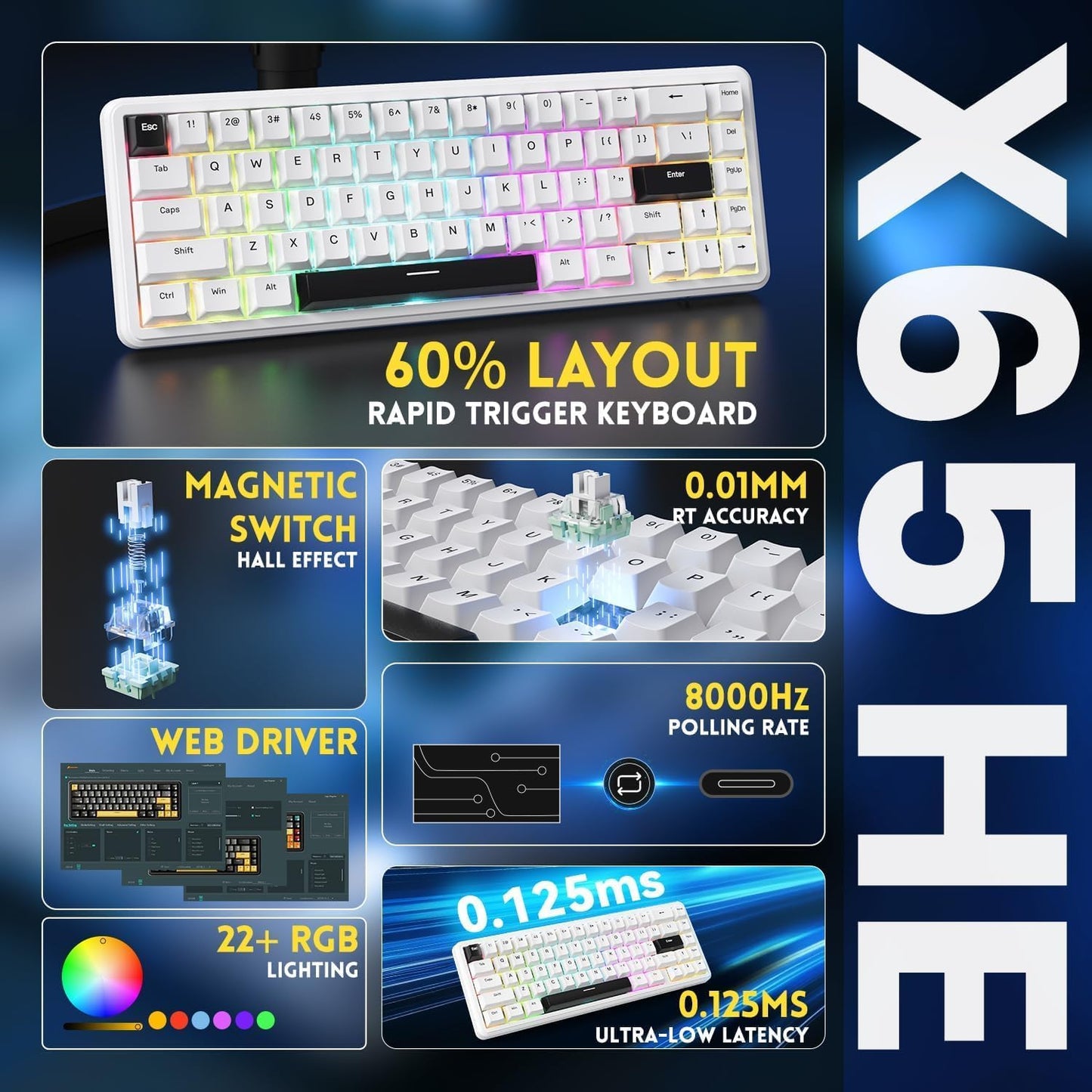 ATTACK SHARK X65 HE Wired RT 65% RGB Mechanical Gaming Keyboard - White