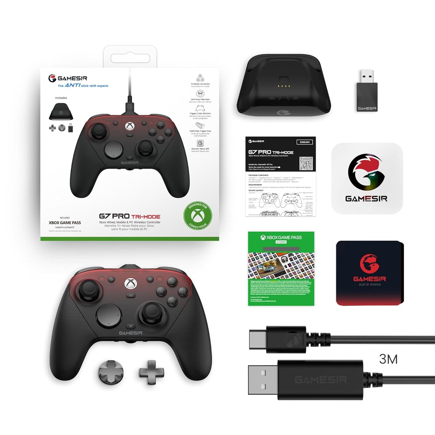 GameSir G7 Pro Tri-Mode Controller for Xbox Series X|S, Xbox One, Wireless Gamepad for PC&Android with TMR Sticks, Hall Effect Analog Triggers, 1000Hz Polling Rate, 3.5mm Audio Jack - Black