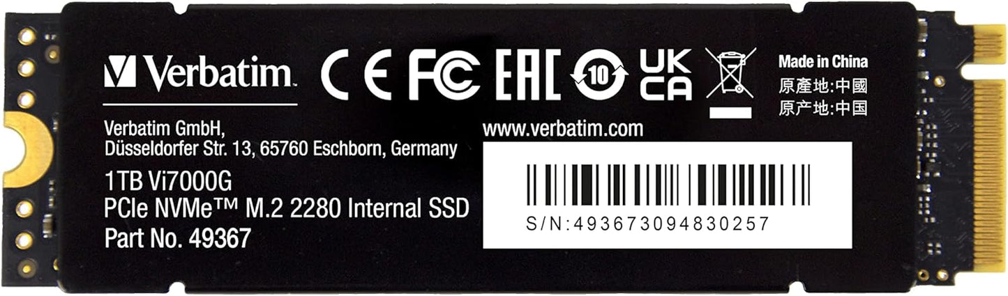 Verbatim Vi7000G NVMe M.2 Internal SSD, TB PCIe Gen 4 Interface for Gaming PC and Playstation 5 - Black
