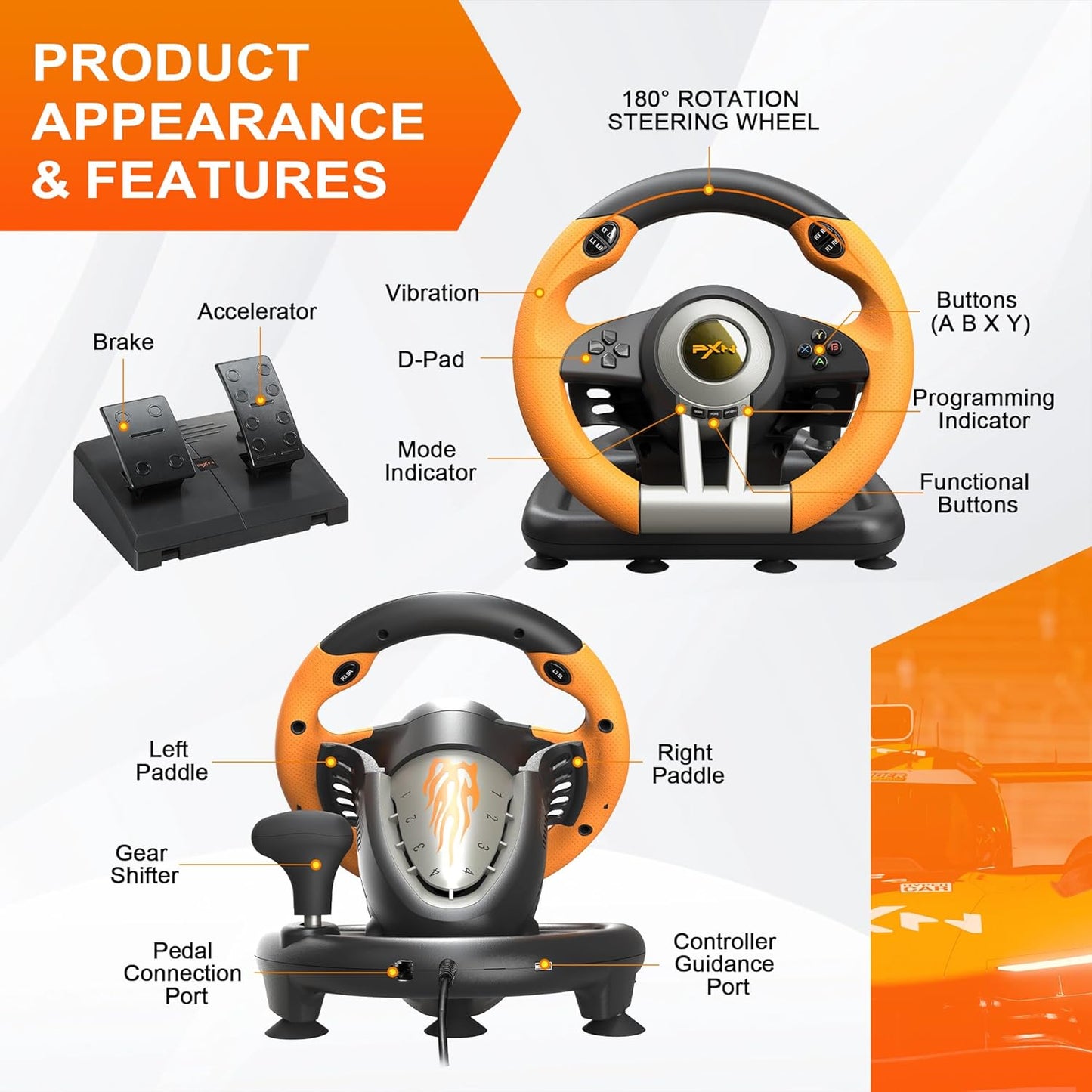 PXN V3 Pro 180 Degree Steering Wheel with Pedals, Vibration Feedback for PC, PS3, PS4, Xbox One & Series XS, Nintendo Switch - Orange