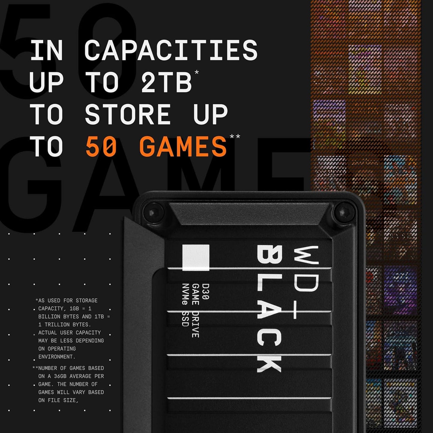 WD_BLACK D30 Game Drive SSD- Portable External Solid State Drive, Compatible with Xbox and PC, Up to 900MB/s - WDBAMF0010BBW-WESNWDBAMF0010BBW-WESN - 1TB | 2TB