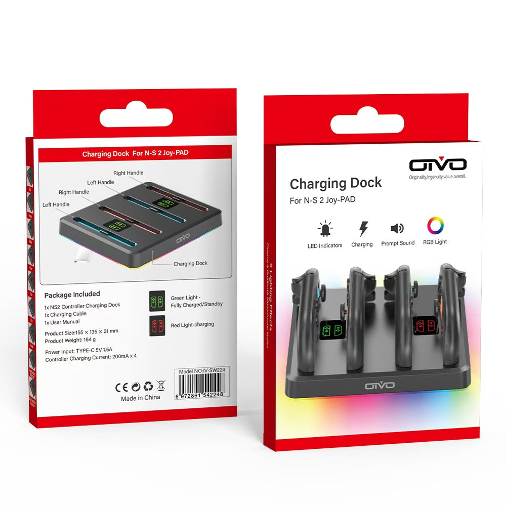 OIVO 4 in 1 Charging Dock for Nintendo Switch 2 Joy-Cons With 7 RGB Light Modes - Black