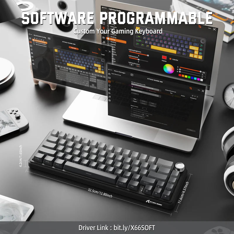 Attack Shark X66 Mechanical Keyboard – 66 Keys, Tri-Mode Wireless, Strawberry Switches, RGB, Gasket Mount, Hot-Swappable, PBT Keycaps -MOONLIGHT