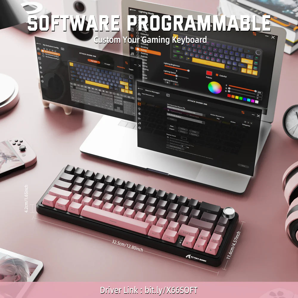 ATTACK SHARK X66 60% Wireless Gasket Mechanical Keyboard With Volume Knob, Tri-Mode BT/2.4G/USB-C, Hot-Swappable Strawberry Switches, RGB PBT Keycaps - Blackberry