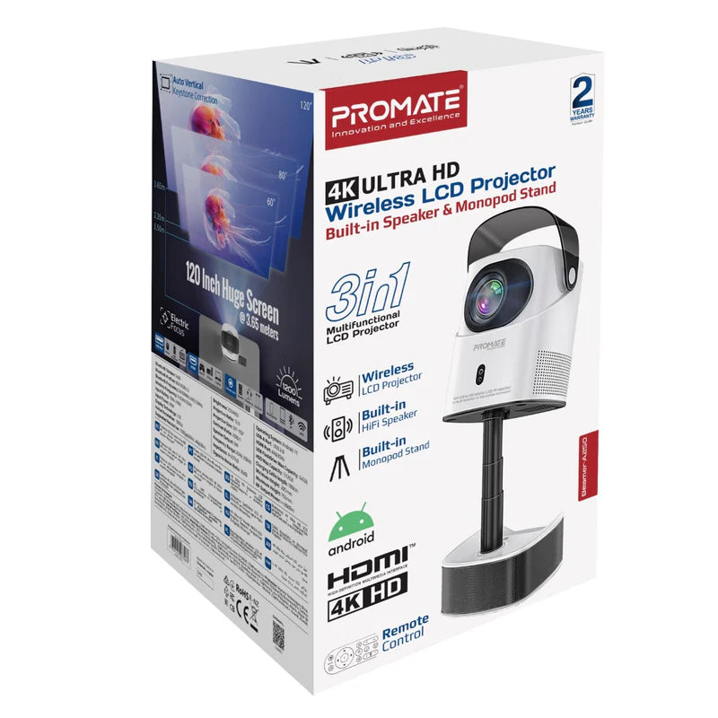 4K Ultra HD Wireless LCD Projector With Built-in Speaker And Monopod Stand – High-Resolution Display, Seamless Connectivity, Portable Design, And Immersive Audio