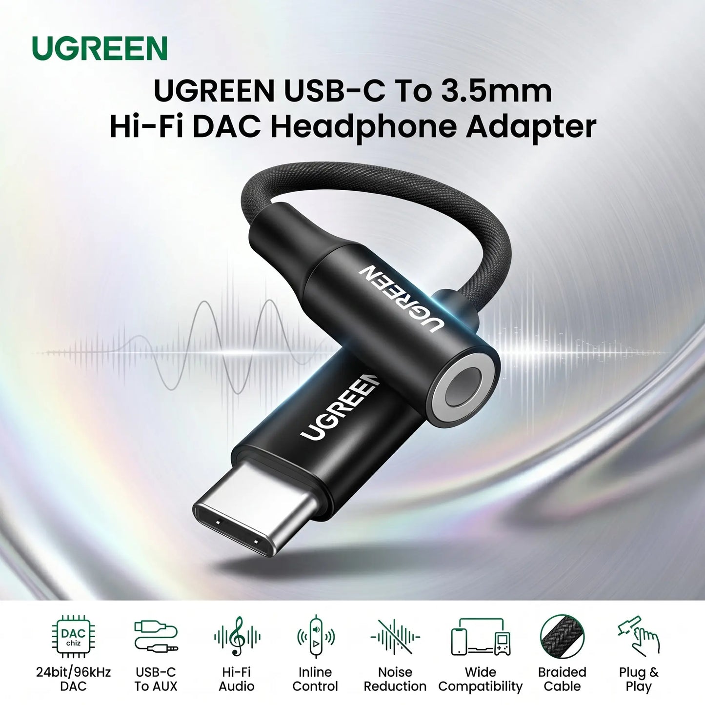 UGREEN USB-C To 3.5mm Audio Adapter – 24bit/96kHz Hi-Fi DAC, AUX Headphone Jack, Inline Control, Braided Cable, Compatible With iPhone 17/16, Galaxy S26/S25, Pixel, iPad, PS5