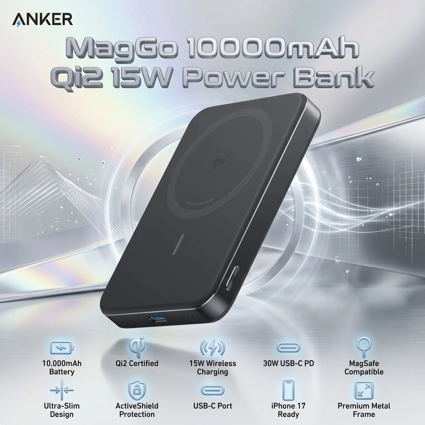 Anker MagGo 10,000mAh Ultra-Slim Qi2 Magnetic Power Bank, 15W MagSafe Wireless Charging, 30W USB-C PD Fast Charging, ActiveShield Safety, For iPhone 17/16/15/14 | BLACK