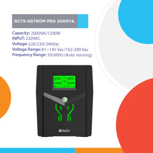 NCTS QSTROM PRO 2000VA/1200W Line Interactive UPS with AVR, Simulated Sinewave Output, Fast Recharge, Full Protection, LCD Display, 12V 9A x2 Batteries , Off-Mode Charging & Generator Compatibility for Personal Computers