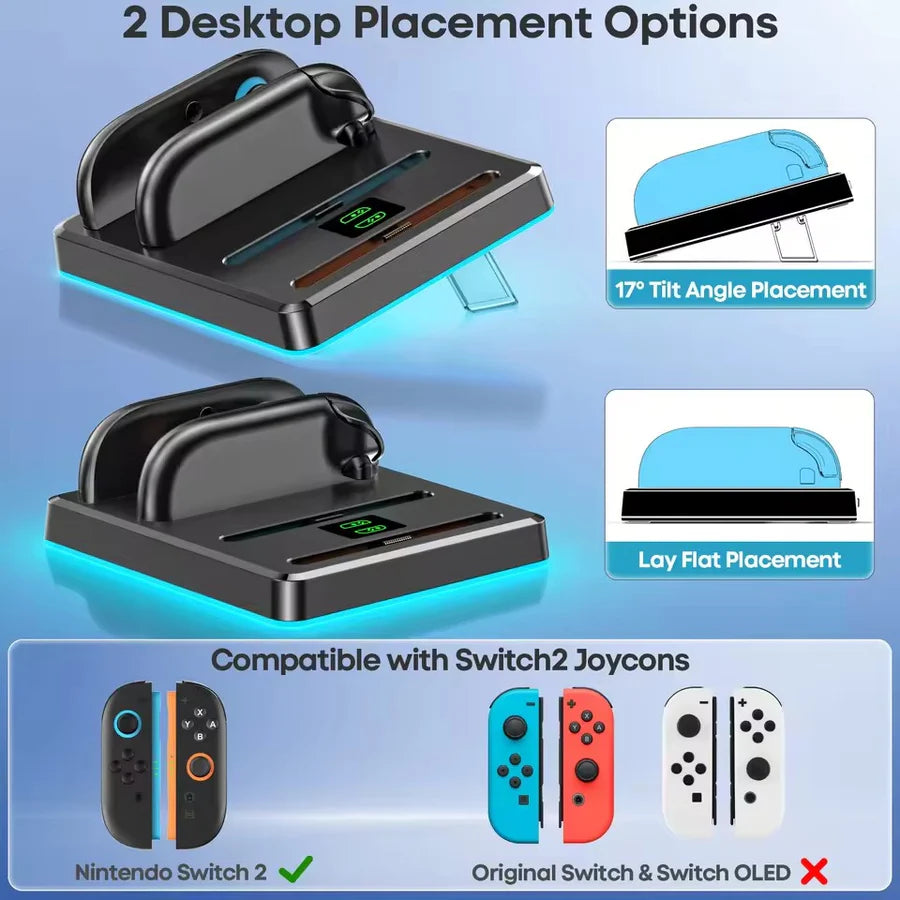 OIVO 4 in 1 Charging Dock for Nintendo Switch 2 Joy-Cons With 7 RGB Light Modes - Black