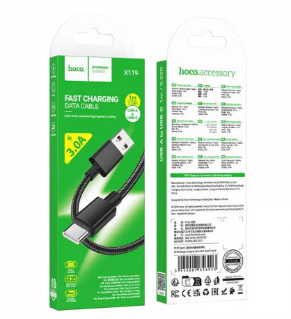 HOCO X119 USB Type-C Fast Charging Cable | 1 Meter | Nylon Braided | 3A High-Speed Charge | Aluminum Alloy Connector | Durable & Lightweight
