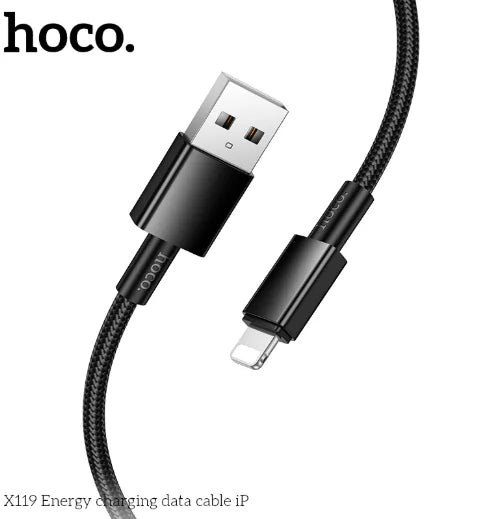 HOCO X119 USB to Lightning Cable | 1m (3.28ft) Nylon Braided | Fast Charging 2.4A | Anti-Bending, Aluminum Alloy Shell | Durable, Safe & Tangle
