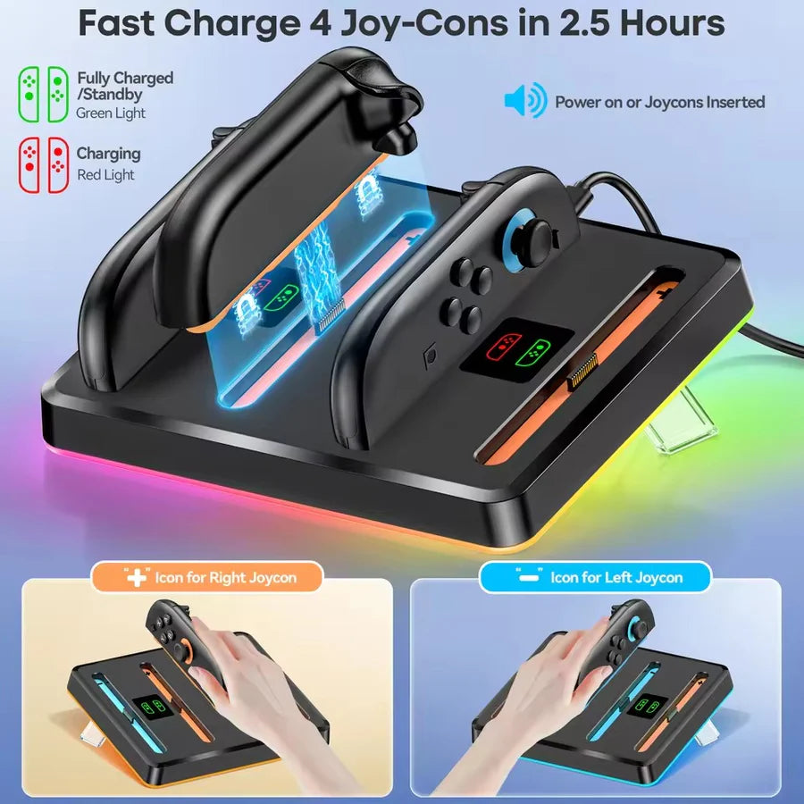 OIVO 4 in 1 Charging Dock for Nintendo Switch 2 Joy-Cons With 7 RGB Light Modes - Black