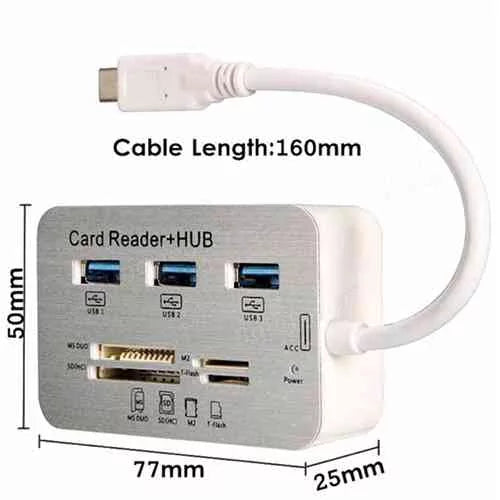 قارئ بطاقات متعدد الإمكانيات مع موزع USB 3.0 - USB من النوع A | USB من النوع C