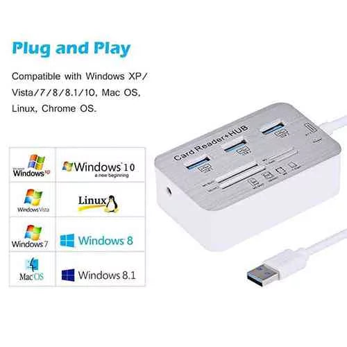 قارئ بطاقات متعدد الإمكانيات مع موزع USB 3.0 - USB من النوع A | USB من النوع C