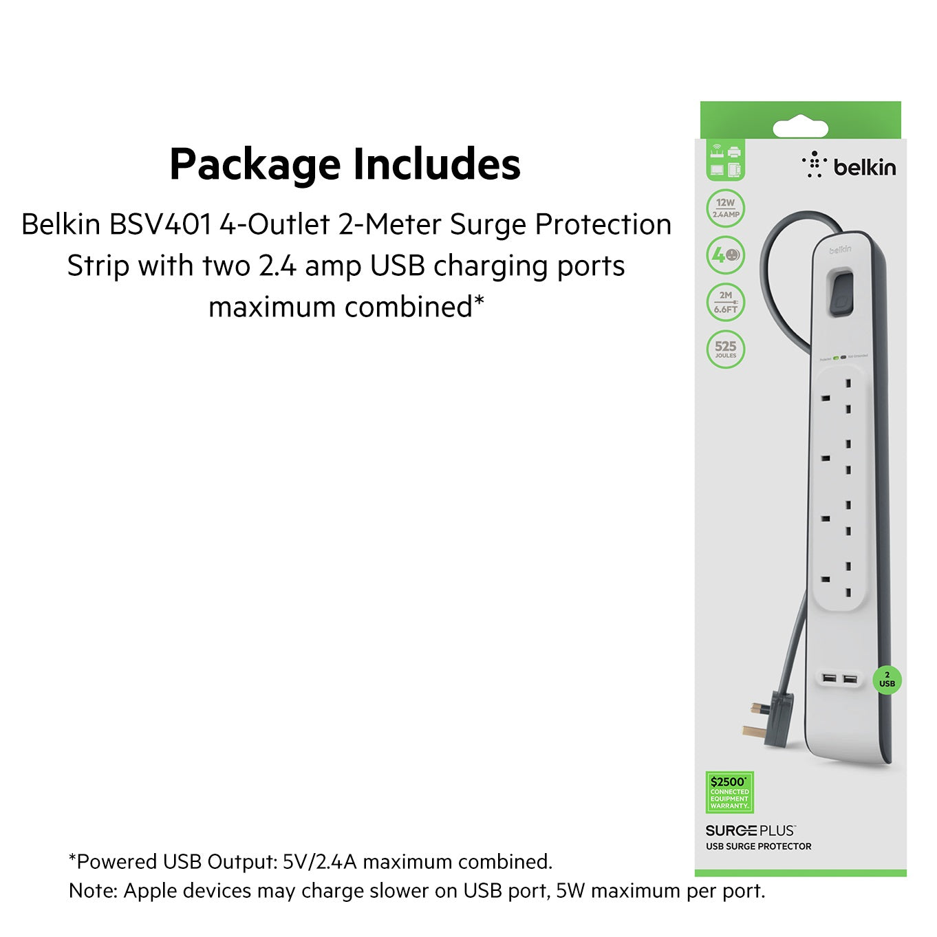 Belkin Surge Protection Power Strip: 4 Outlets, 2.4 amp 2 USB Ports , Heavy-Duty , Damage-Resistant Housing , Surge Protection , 2 Meter Cord