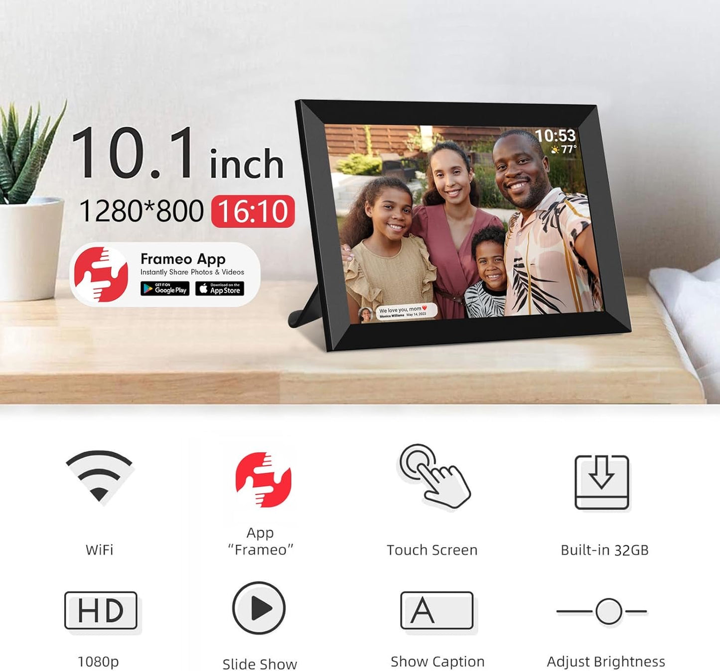 WiFi Digital Picture Frame Smart Photo Frame 10.1 Inch - 1280x800 IPS Screen, 32GB, Easy Setup, Motion Sensor, Share Photo Video via APP - Wooden | Black