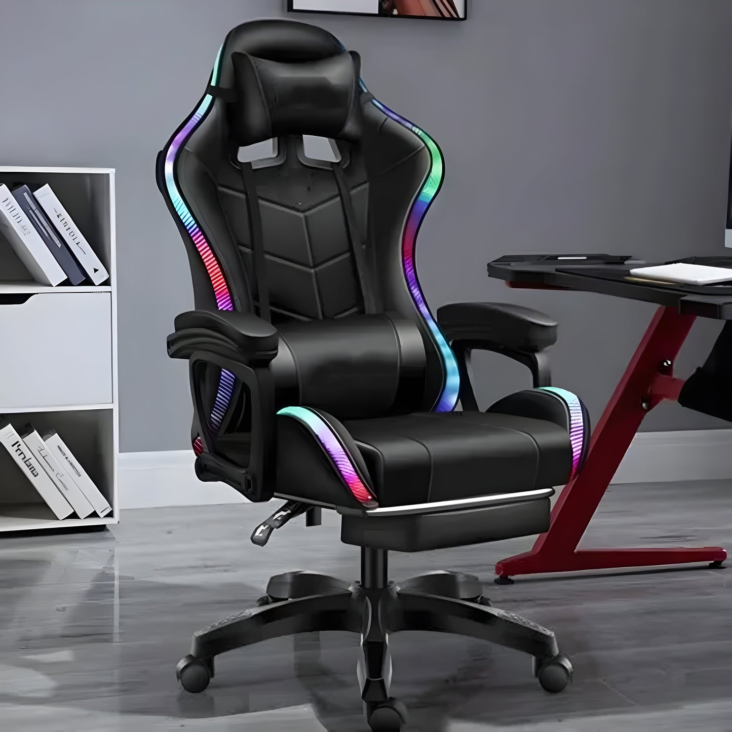 East Seat Gaming Chair with RGB Lights, Footrest & Built-in Speakers - Black
