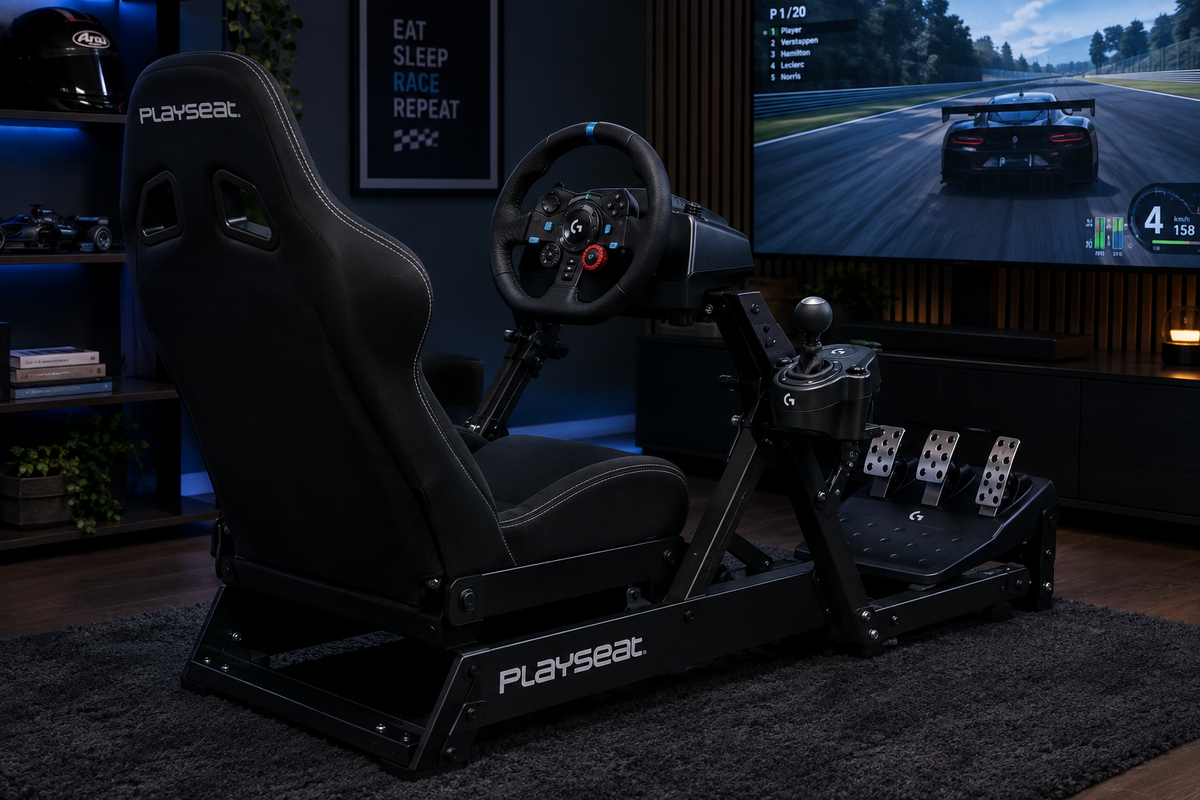 Full Logitech G29 racing setup with steering wheel, pedals, shifter, and Playseat cockpit