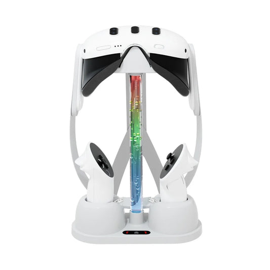 قاعدة عرض حامل شحن بتأثير إضاءة RGB مع بطاريتين قابلتين لإعادة الشحن لجهاز Meta Quest 3