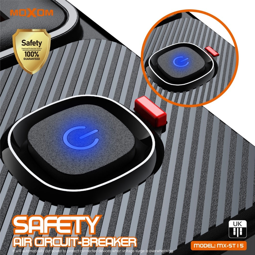 MOXOM MX-ST17 Extension 2500W Max 4 Power Socket 7 USB 1 PD Type C 20W QC 18W UK Plug Safety Fast Charge 2M