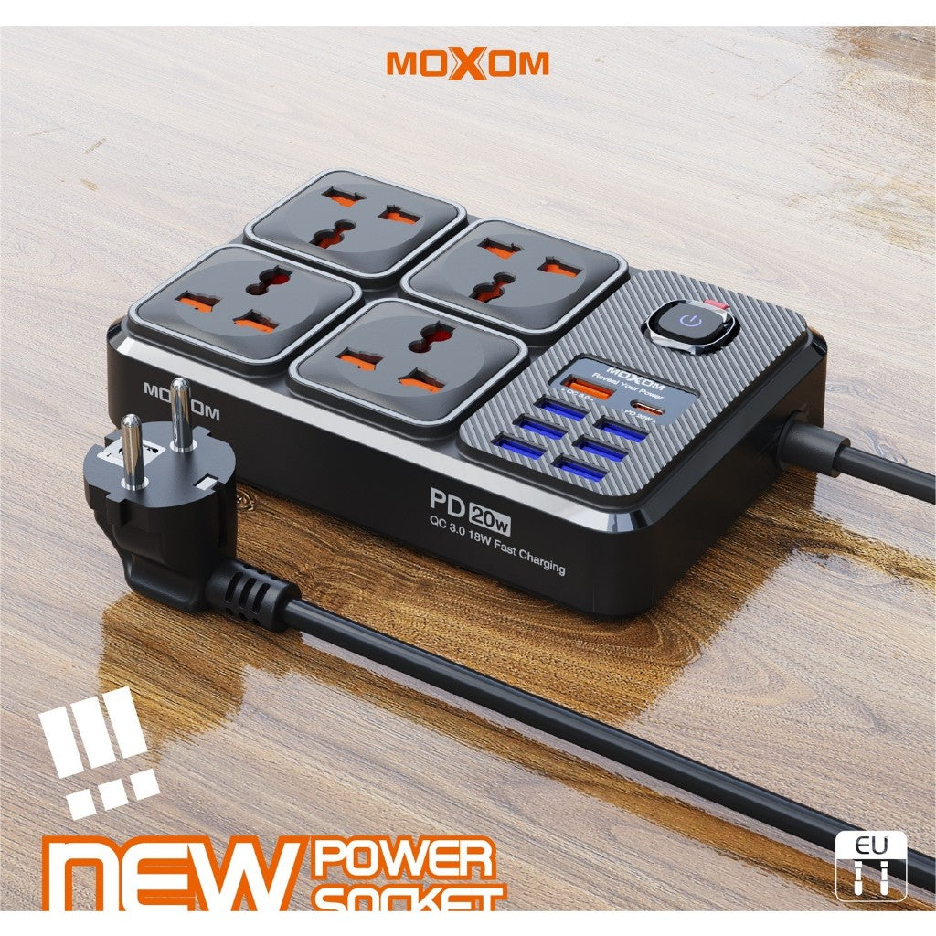 MOXOM MX-ST17 Extension 2500W Max 4 Power Socket 7 USB 1 PD Type C 20W QC 18W UK Plug Safety Fast Charge 2M