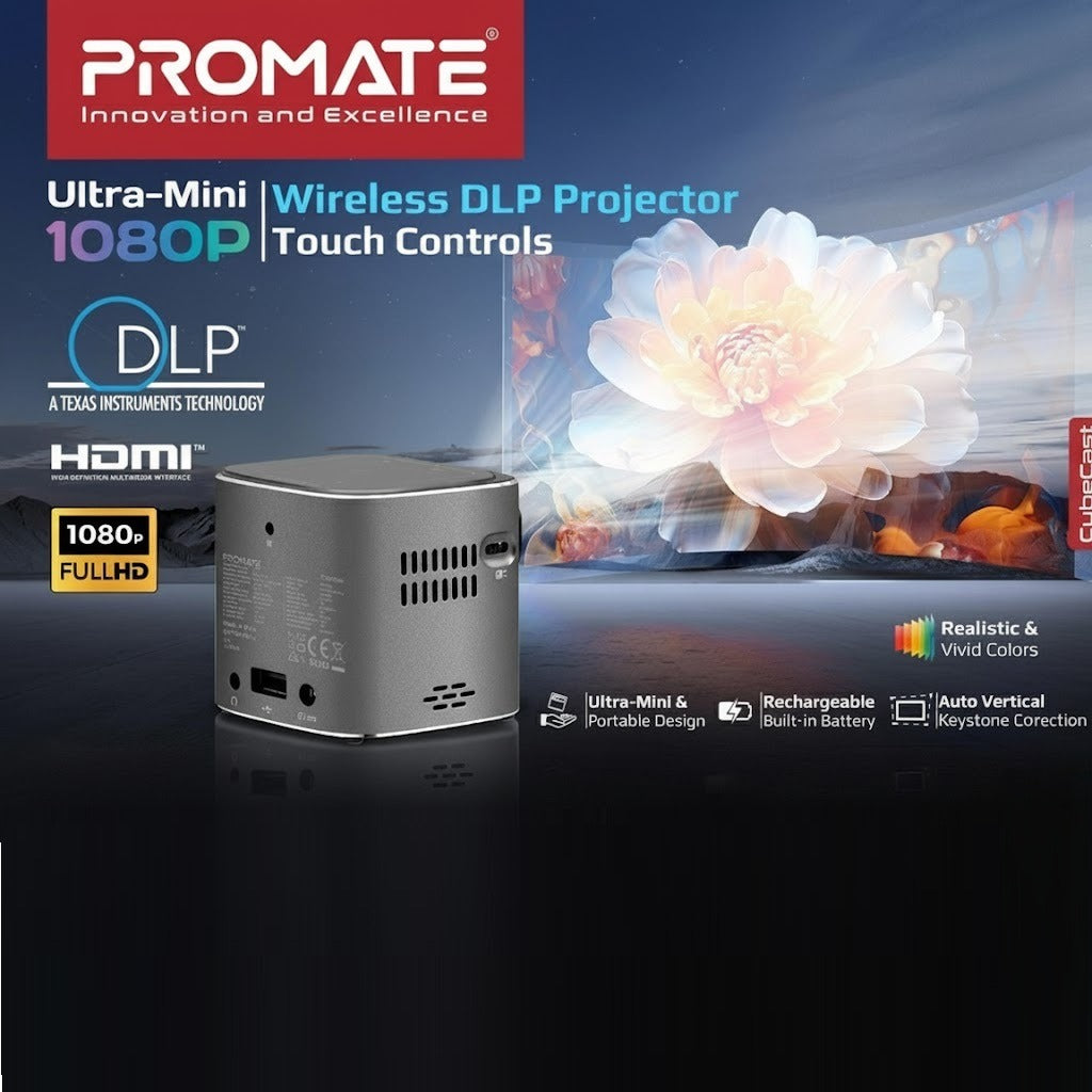 PROMATE CubeCast Ultra-Mini 1080P Wireless DLP Projector – Android 7.1, Touch Controls, Auto Keystone, Bluetooth 5.0, HDMI, Built-in Speaker, 3300mAh Battery, Tripod Included