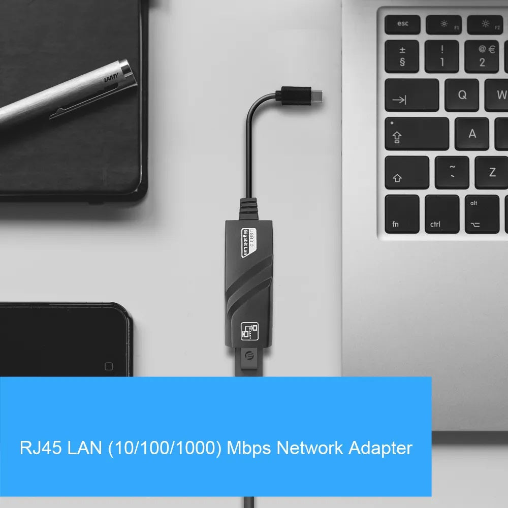 USB-C to Ethernet Adapter – USB 3.0 Type-C to Gigabit Ethernet (RJ45) Adapter – Up to 1000 Mbps, Compatible with Windows/Mac OS/Chrome OS, Black