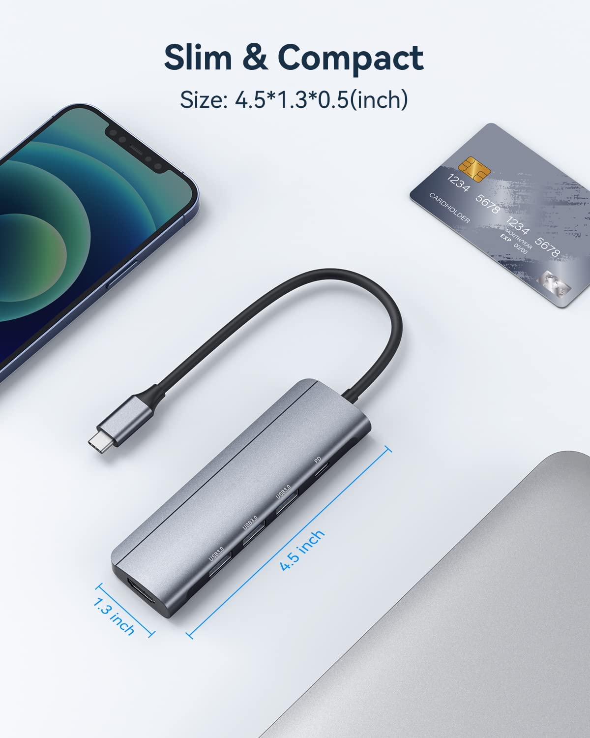 5 in 1 Aluminum Hub USB C to HDMI 4K Adapter with 3 USB 3.0 Ports - Macbook | Windows