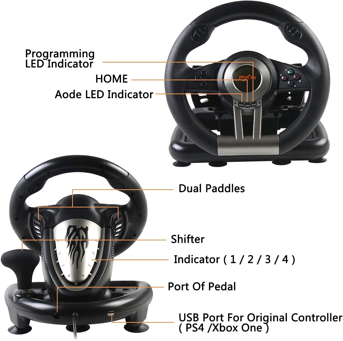 PXN-V3II 180° Racing Steering Wheel - Black - PS3 | PS4 | Xbox One | PC
