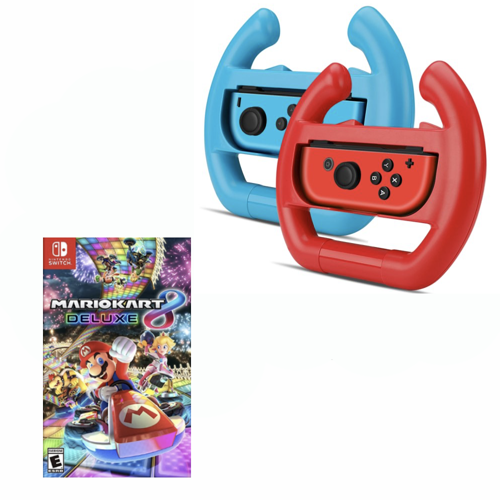 Mario Kart 8 Deluxe Game with Racing Wheel (Set of 2 Red + Blue) Bundle