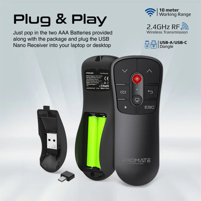 PROMATE ProPointer Wireless Presenter With Laser Pointer, Universal USB-A/USB-C Nano Receiver, 20M Control Distance, Intuitive Touch-Keys, Compatible With Windows & MacOS
