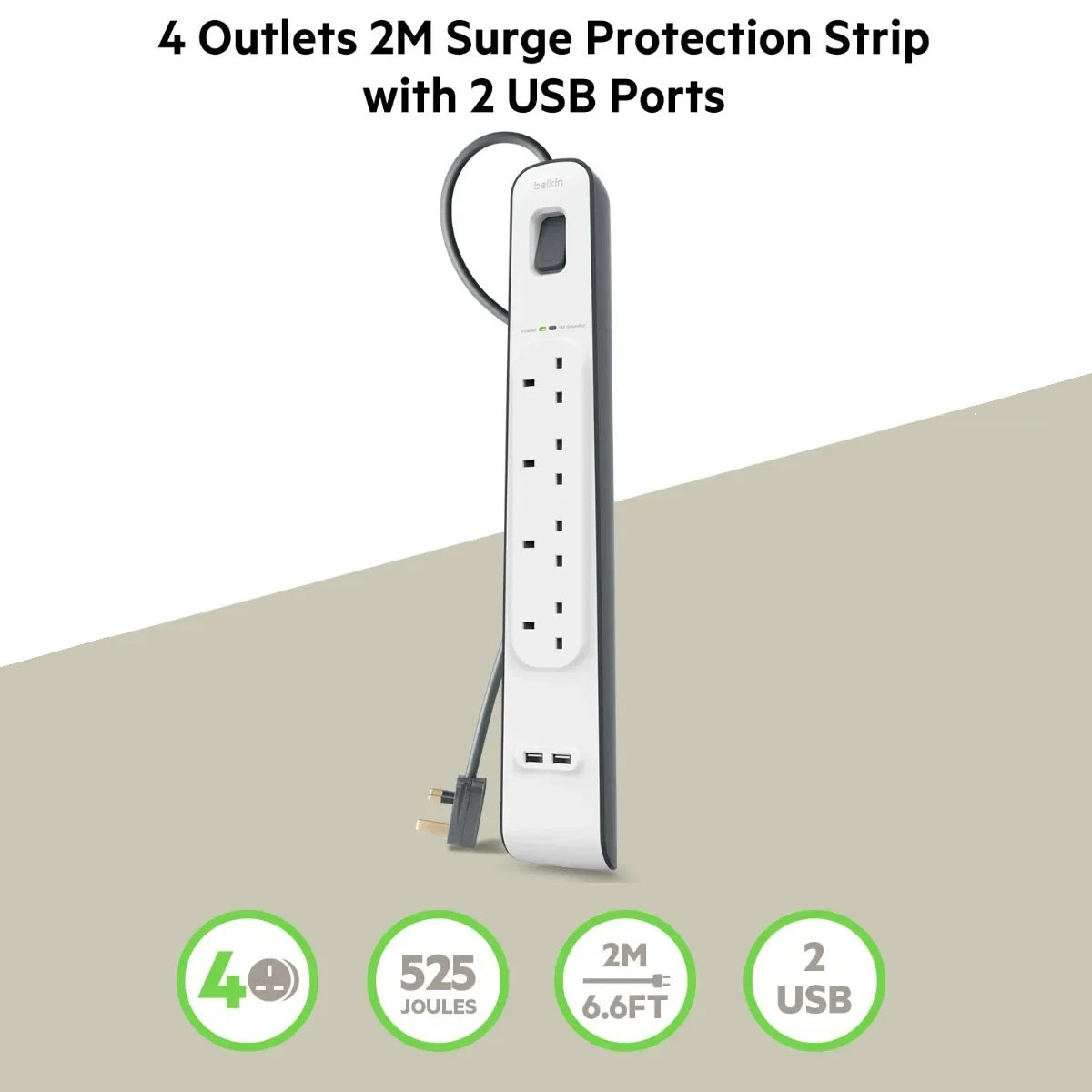 Belkin Surge Protection Power Strip: 4 Outlets, 2.4 amp 2 USB Ports , Heavy-Duty , Damage-Resistant Housing , Surge Protection , 2 Meter Cord