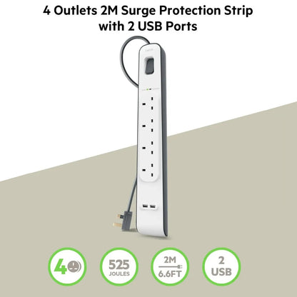 Belkin Surge Protection Power Strip: 4 Outlets, 2.4 amp 2 USB Ports , Heavy-Duty , Damage-Resistant Housing , Surge Protection , 2 Meter Cord