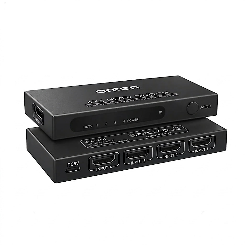 ONTEN OTN-CS401 4×1 HDMI 2.0 Switch – 4 HDMI Inputs to 1 Output, 4K@60Hz Ultra HD, Manual Source Switching & IR Remote Control With Up to 8M Range