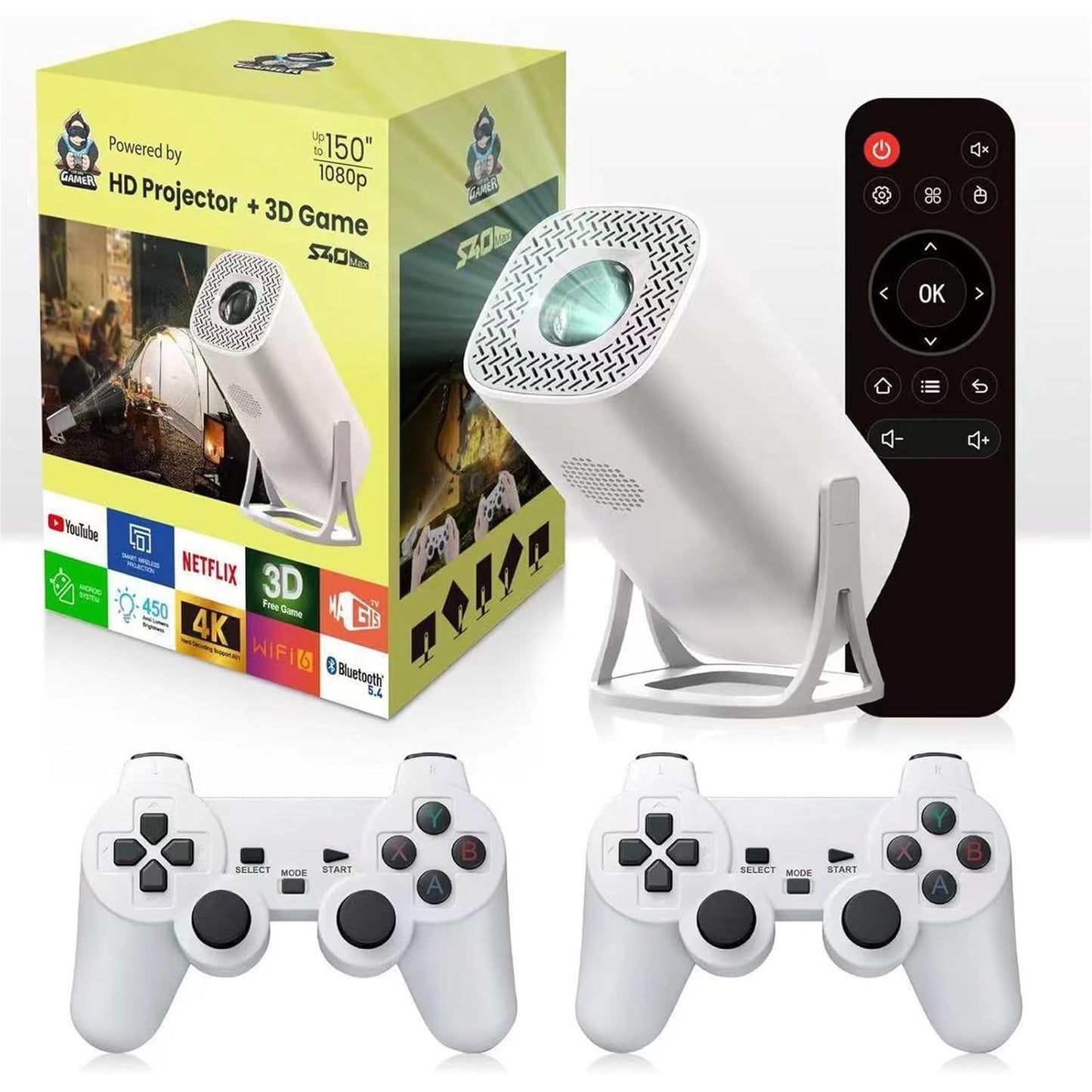 S40 Max Game Projector, Projector And Game With 2 Wireless Controllers Game Projector with Controllers, Projector, S40 Max Video Game Projector（35000+Games）