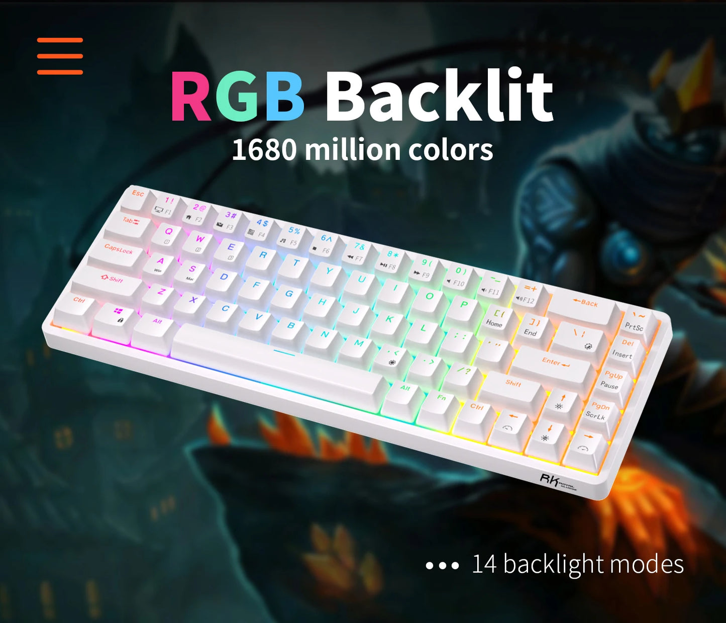 RK ROYAL KLUDGE RK68 Wireless 65% Triple Mode Wireless Bluetooth 5.1 / 2.4G / Wired Hot Swappable Mechanical Keyboard 68 Key RGB - White