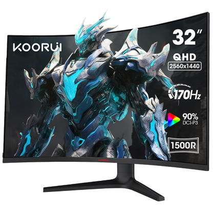 KOORUI 32E6QC 32 inch Curved Gaming Monitor - QHD (2560 x 1440) 2K Display, 170Hz 144Hz Monitor, 1500R Curvature, 1ms, HDR10, Adaptive Sync, Tilt Adjustable