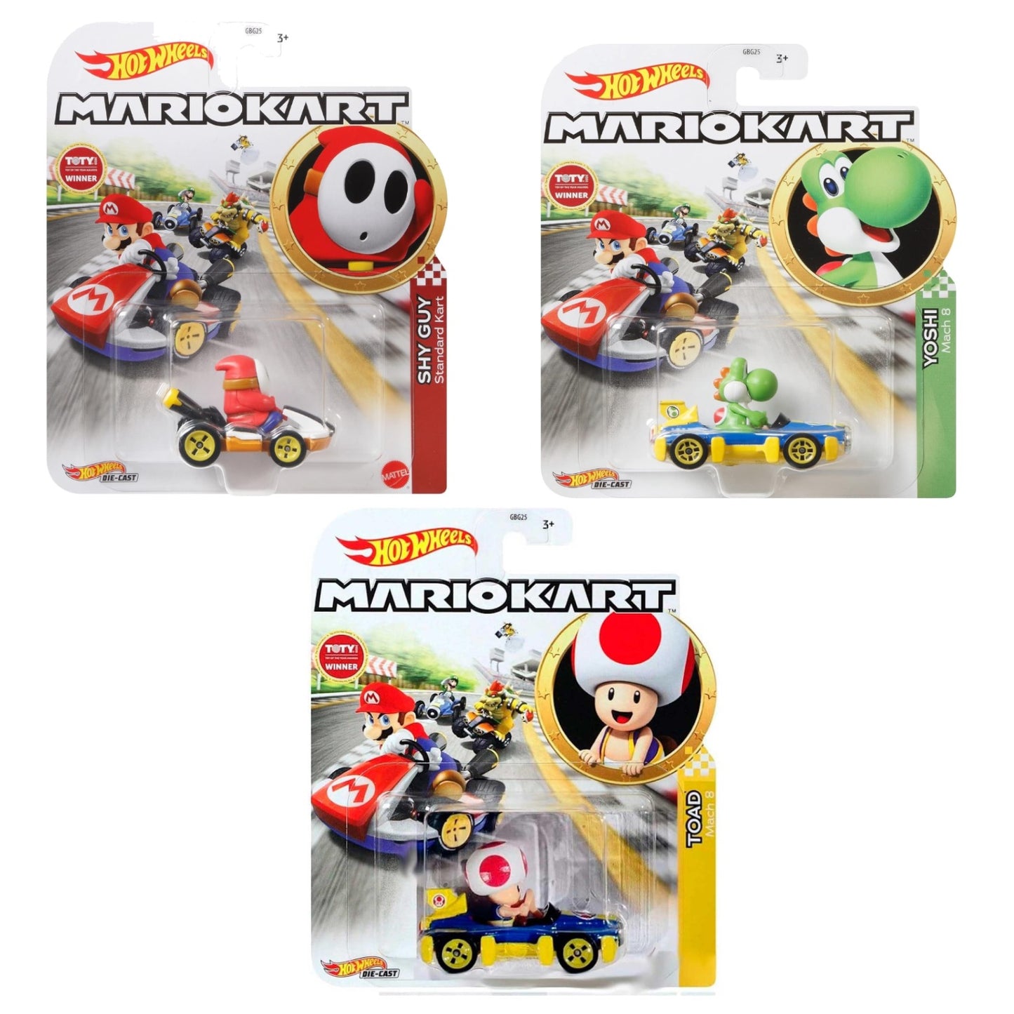 Hot Wheels Mario Kart - Yoshi with Captain Toad & Shy Guy (Triple Pack)