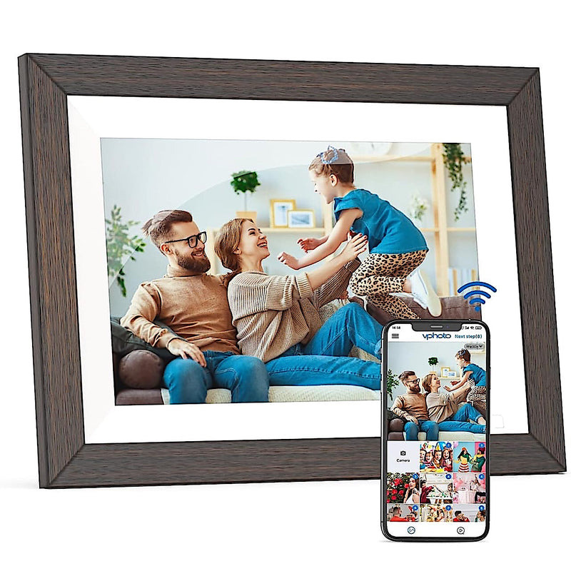 WiFi Digital Picture Frame Smart Photo Frame 10.1 Inch - 1280x800 IPS Screen, 32GB, Easy Setup, Motion Sensor, Share Photo Video via APP - Wooden | Black