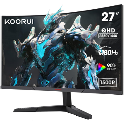 KOORUI 27E6QCA 27 inch Curved Gaming Monitor, QHD (2560 x 1440) R1500 180Hz, AdaptiveSync with 1ms Computer Monitor, VESA Compatible, HDR10