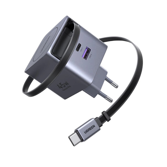 UGREEN 45W GaN USB‑C Charger X614 With Retractable 5A Cable, Dual USB‑C & USB‑A Ports, PD 3.0 QC4+/QC3.0 PPS Support, Compact Travel Design, 8 Safety Protections